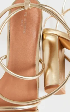 Gold Wide Fit PU Point Toe Strappy Block Heeled Sandals