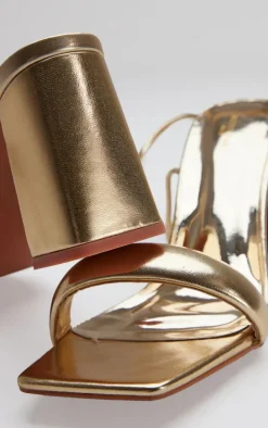 Gold Wide Fit Pu Square Toe Quilted Low Block Heeled Sandals