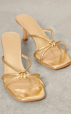 Gold Wide Fit PU Square Toe Knotted Heeled Mules
