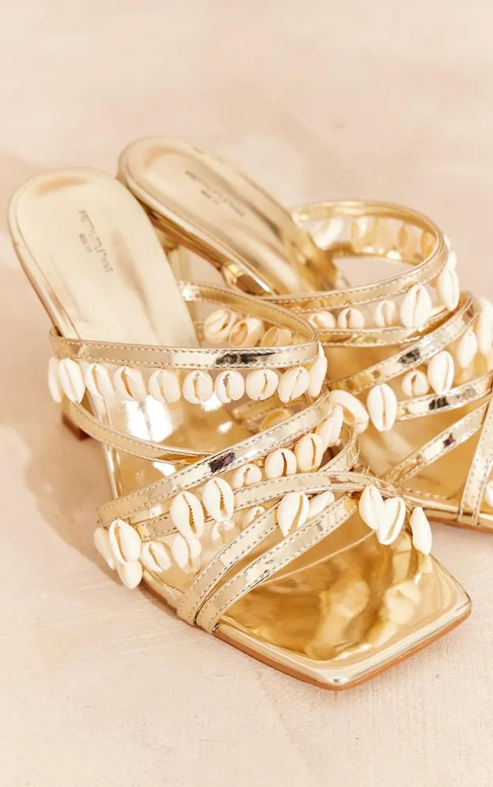 Gold Wide Fit PU Square Toe Shell Strap High Heeled Sandals