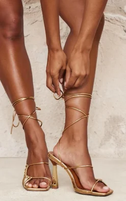 Gold Wide Fit Pu Square Toe Knot Lace Up High Heeled Sandals