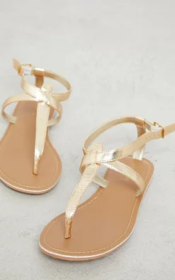 Gold Wide Fit Real Leather Basic Toe Thong Strap Flat Sandals
