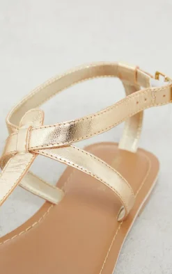 Gold Wide Fit Real Leather Basic Toe Thong Strap Flat Sandals