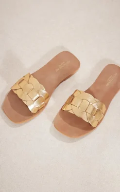 Gold Wide Fit Real Leather Round Toe Woven Thick Leather Strap Sandals