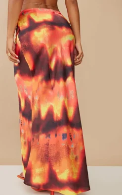 Golden Brown Tie Dye Satin Basic Maxi Skirt