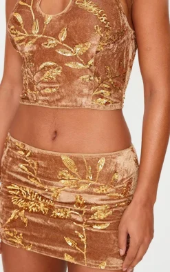Golden Olive Velvet Floral Sequin Embellished Micro Mini Skirt