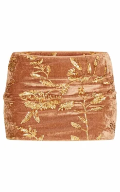 Golden Olive Velvet Floral Sequin Embellished Micro Mini Skirt
