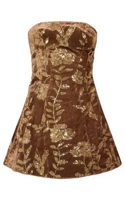 Golden Olive Velvet Floral Sequin A-line Dress