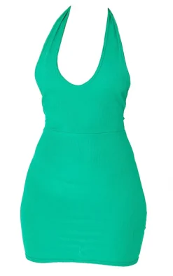 Green Ribbed Halterneck Tie Back Bodycon Dress