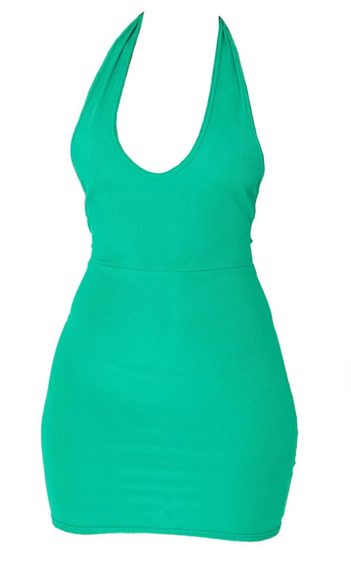 Green Ribbed Halterneck Tie Back Bodycon Dress