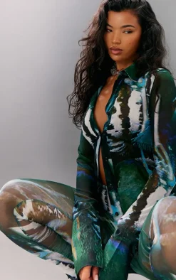 Green Abstract Floral Printed Chiffon Shirt