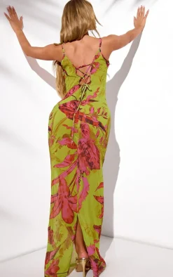 Green Abstract Floral Print Sheer Chiffon Lace Up Back Maxi Dress
