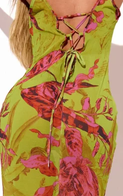 Green Abstract Floral Print Sheer Chiffon Lace Up Back Maxi Dress