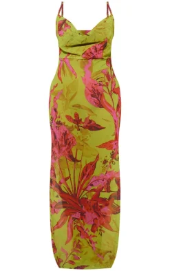 Green Abstract Floral Print Sheer Chiffon Lace Up Back Maxi Dress