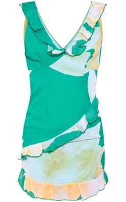 Green Abstract Floral Printed Frill Detail Chiffon Mini Dress