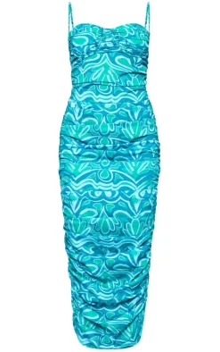 Green Abstract Print Asymmetric Detail Ruched Midaxi Dress