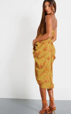 Green Abstract Print Chiffon Ruched Drape Midi Dress