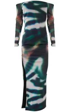 Green Abstract Print Mesh Sleeve Bardot Strap Midaxi Dress