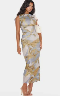 Green Abstract Print Mesh Racer Neck Maxi Dress