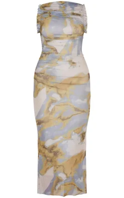 Green Abstract Print Mesh Racer Neck Maxi Dress