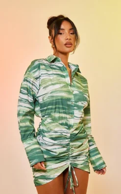 Green Abstract Print Oversized Shirt Ruched Bodycon Dress