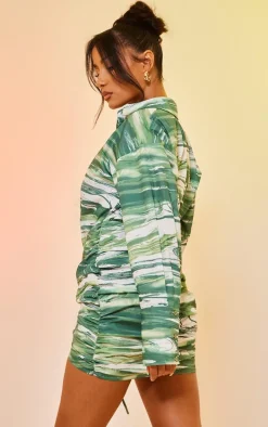 Green Abstract Print Oversized Shirt Ruched Bodycon Dress