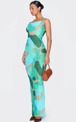 Green Abstract Print Plisse Strappy Maxi Dress
