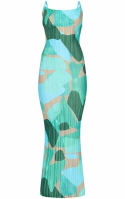 Green Abstract Print Plisse Strappy Maxi Dress
