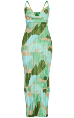 Green Abstract Print Plisse Strappy Maxi Dress