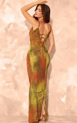 Green Abstract Print Sheer Chiffon Lace Up Back Maxi Dress