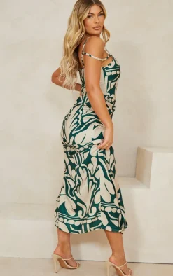 Green Abstract Print Strappy Drape Detail Midaxi Dress