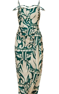 Green Abstract Print Strappy Drape Detail Midaxi Dress