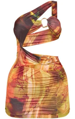 Green Abstract Printed Slinky One Shoulder Cut Out Bodycon Dress