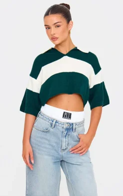 Green And White Stripe Knit V Neck Cropped Rugby Top