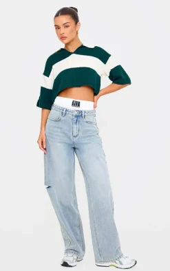 Green And White Stripe Knit V Neck Cropped Rugby Top