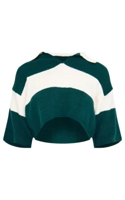 Green And White Stripe Knit V Neck Cropped Rugby Top