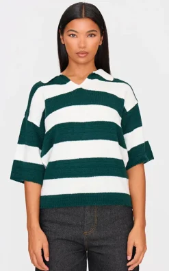 Green And White Stripe Knit V Neck Oversized Rugby Top