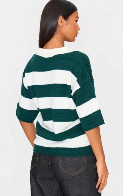 Green And White Stripe Knit V Neck Oversized Rugby Top