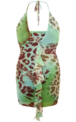 Green Animal Print Frill Mini Dress