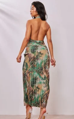 Green Animal Print Plisse Cross Neck Cut Out Midi Dress