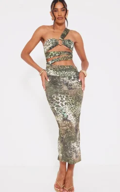 Green Animal Print Slinky Ring Detail Cut Out Midaxi Dress