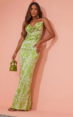 Green Baroque Print Satin Cowl Neck Maxi Dress