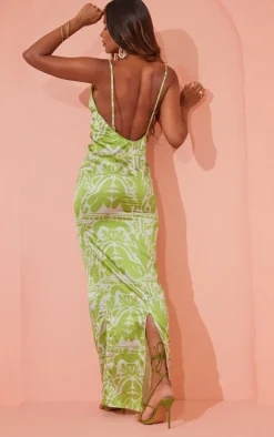 Green Baroque Print Satin Cowl Neck Maxi Dress