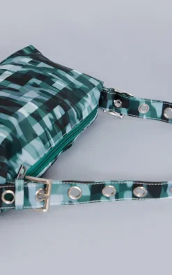 Green Blurred Camo Print Pocket Eyelet Strap Shoulder Bag