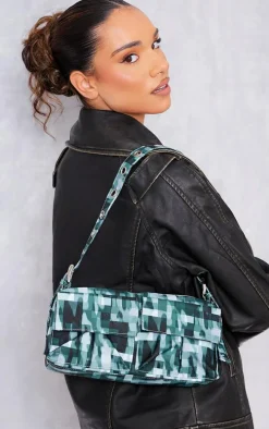Green Blurred Camo Print Pocket Eyelet Strap Shoulder Bag