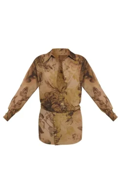 Green Blurred Floral Print Button Skirt Detail Bodycon Dress