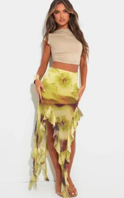 Green Blurred Floral Print Ruffle Hem Midi Skirt