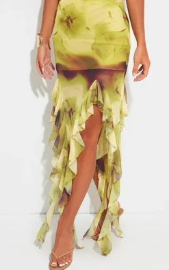 Green Blurred Floral Print Ruffle Hem Midi Skirt
