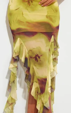 Green Blurred Floral Print Ruffle Hem Midi Skirt