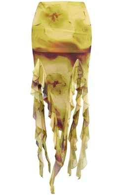 Green Blurred Floral Print Ruffle Hem Midi Skirt